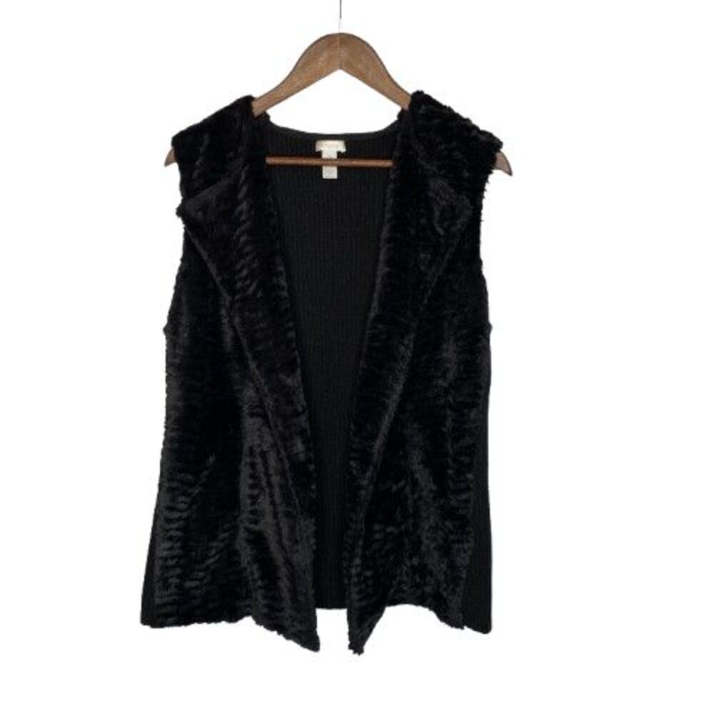 Chicos Womens Faux Fur Open Front Sweater‎ Vest Size L Black Plush Layer Cozy